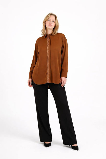Cinnamon Lattice-Trim Tunic Shirt