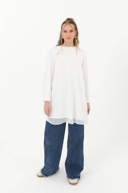 Elegant White Chiffon Hem Tunic Blouse