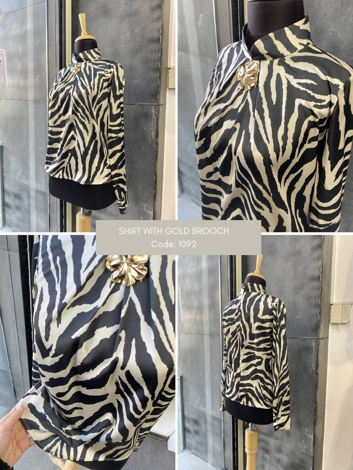 Zebra Print Satin Blouse with Gold Flower Brooch