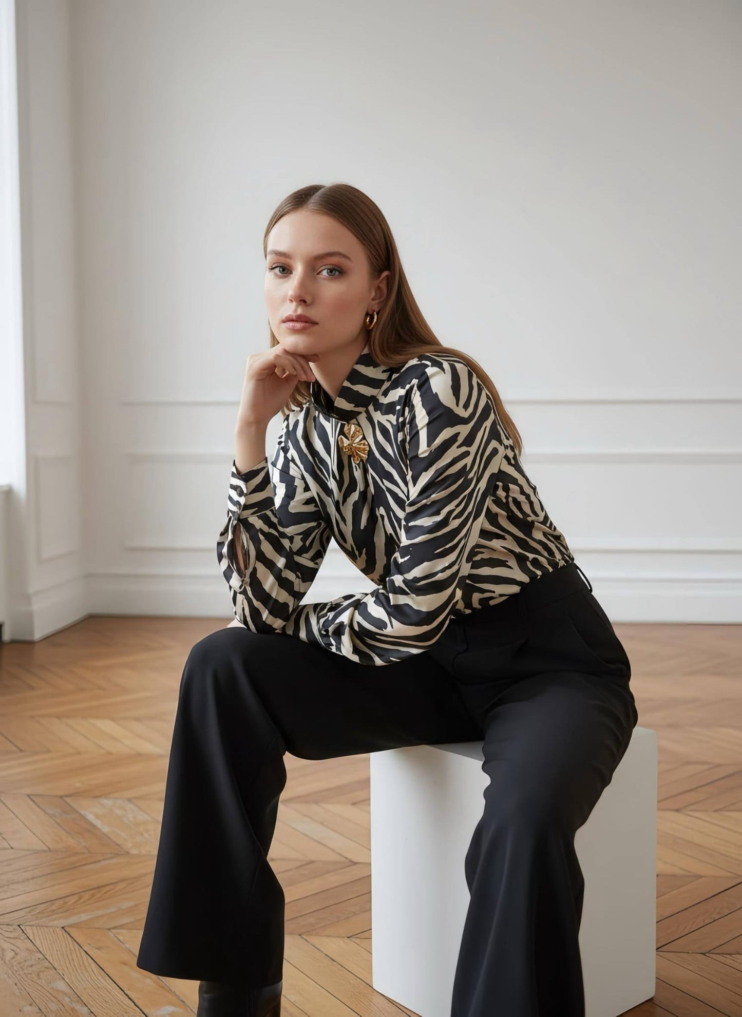 Zebra Print Satin Blouse with Gold Flower Brooch