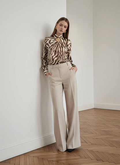Zebra Print Satin Blouse with Gold Flower Brooch