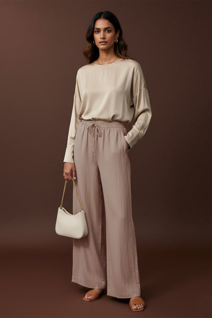 High-Waisted Wide Leg Drawstring Pants - Relaxed Fit