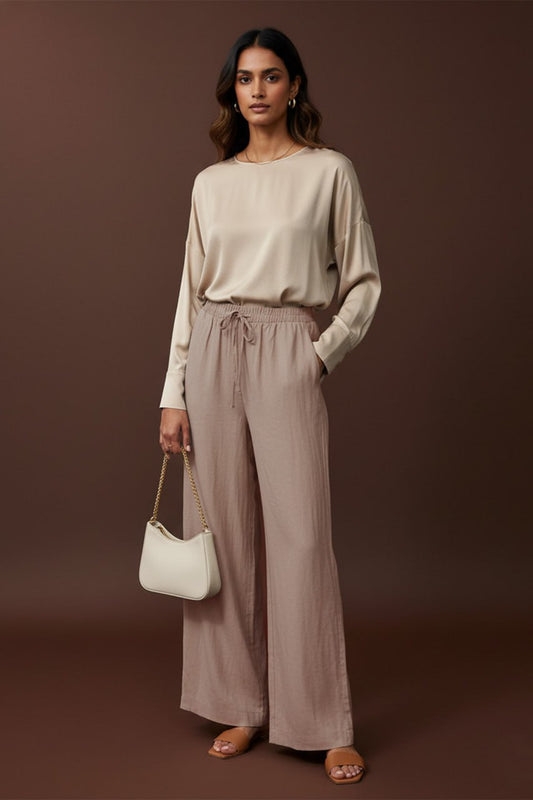 High-Waisted Wide Leg Drawstring Pants - Relaxed Fit