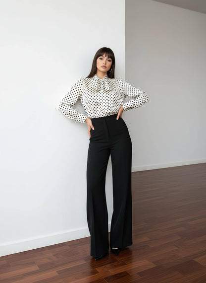 Polka Dot Pussy-Bow Blouse with Tie Neck