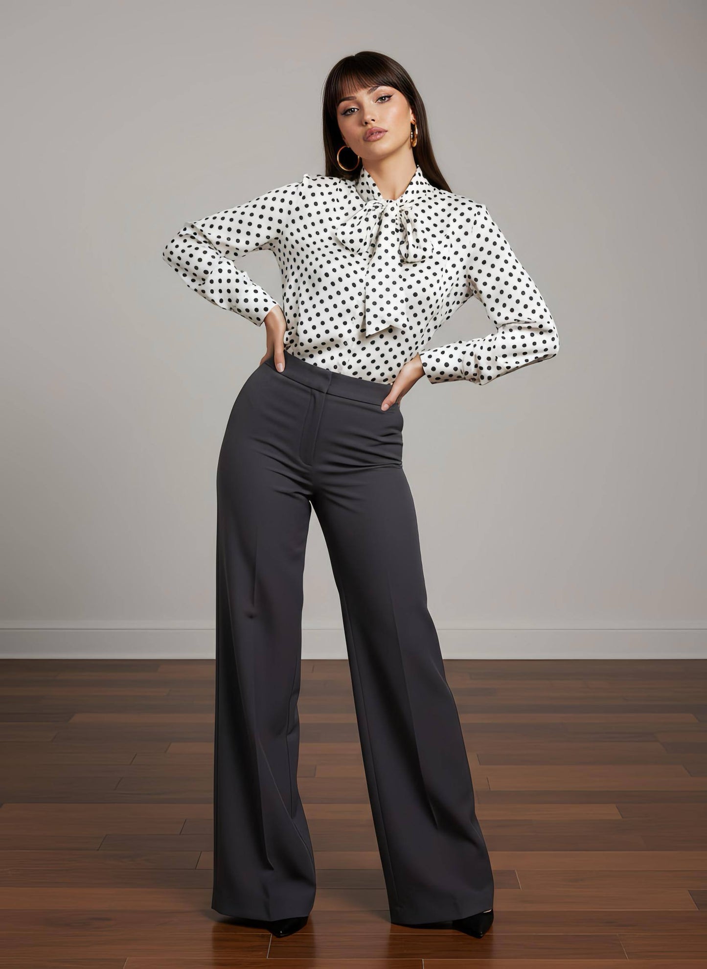Polka Dot Pussy-Bow Blouse with Tie Neck