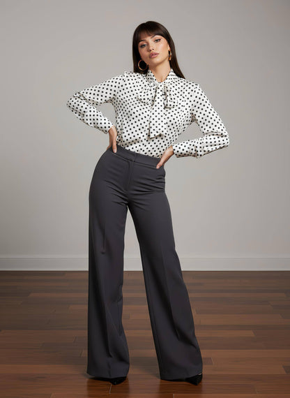 Polka Dot Pussy-Bow Blouse with Tie Neck