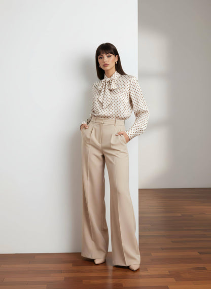 Polka Dot Pussy-Bow Blouse with Tie Neck